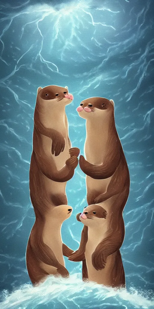 Image similar to two adorable otters falling in love holding hands side by side huddled, all hiding together in the middle of a super scary storm at sea, fantasy illustration, cinematic, award winning, romantic, detailed trending on artstation, masterpiece