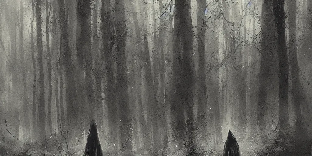 Image similar to a girl with a blue hood find a strange huge creature in the woods, ominous atmosphere, dark environment, one source of orange light. art by artem demura