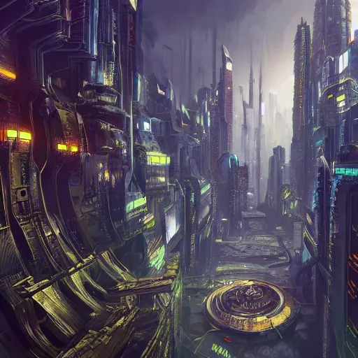 Image similar to fantasy cat looking down on huge cyberpunk style city, high detail, fantasy art, concept art, 4 k, ultra detail, computer art