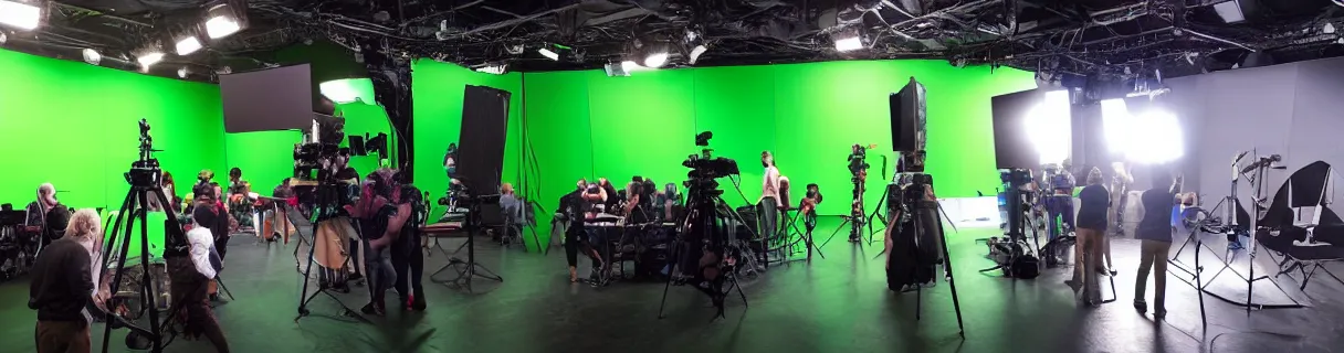 Image similar to photo of a movie set with a big bright green screen, film crew, actors, cameras, studio, movie set, realistic, studio lighting