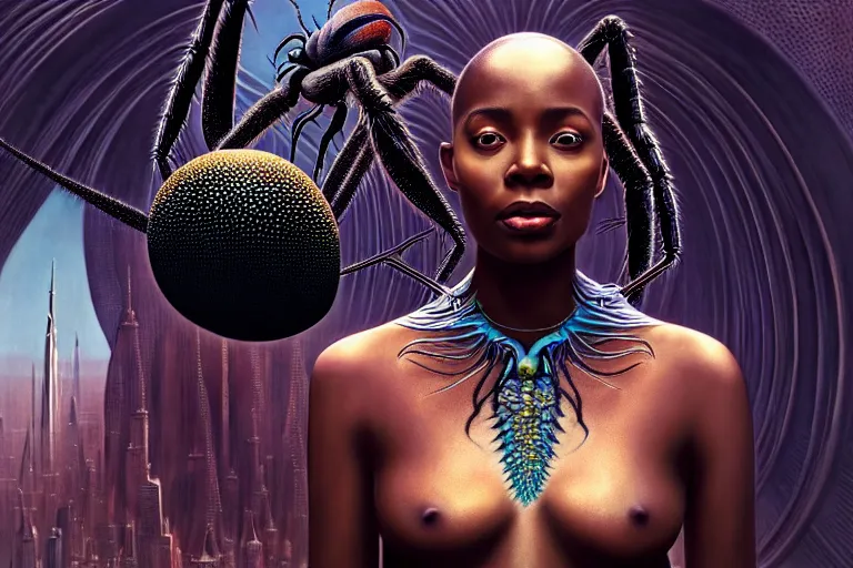 Image similar to realistic detailed photorealistic portrait movie shot of a beautiful black woman with a giant spider, sci fi city landscape background by denis villeneuve, amano, yves tanguy, alphonse mucha, ernst haeckel, david lynch, edward robert hughes, roger dean, cyber necklace, rich moody colours, wide angle