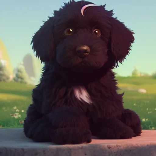 Prompt: a wholesome animation key shot of a black bernedoodle puppy, studio ghibli, pixar and disney animation, sharp, rendered in unreal engine 5, anime key art by greg rutkowski, bloom, dramatic lighting