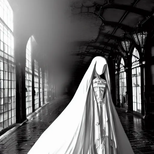 Prompt: ghost woman in elaborate gown in haunted train station, Victorian architecture, spooky, mist, depth of field”