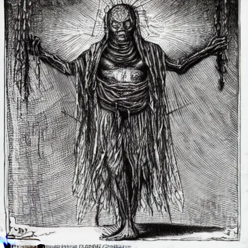 Prompt: drawing of abizal appears as a gaunt, pale man with black pits for eyes enveloping pinholes of dark energy. his jaw hangs by threads of skin and he is adorned in layers of torn robes. in his hands, he carries spiked chains engraved with a multitude of magickal sigils