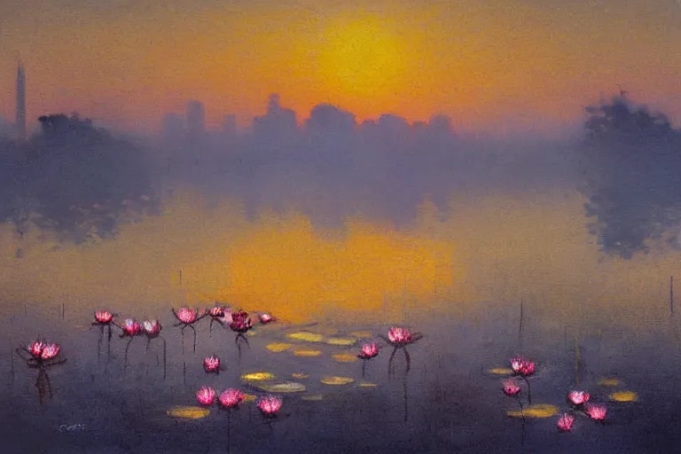 Prompt: impressionism painting of a pond of water lily on a foggy morning, sun low on horizon through skyscrapers, soft light, misty