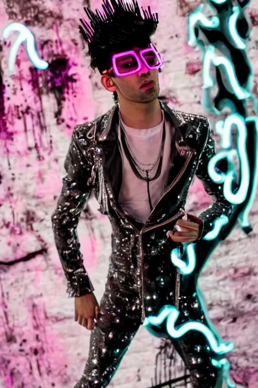 Image similar to full-body rococo and cyberpunk style neon statue of a young attractive Zayn Malik wearing cholo shades macho dotado e rico android sim roupa reclining con las piernas abertas e la piroca dura, ethereal white dripping tar, glowing white lasers, pink tigers, glowing eyes, silver prince crown, black gears, pink diamonds, swirling mint-colored silk fabric. futuristic elements. full-length view. human skulls. large intricate artwork by caravaggio. Trending on artstation, octane render, cinematic lighting from the right, hyper realism, octane render, 8k, depth of field, 3D