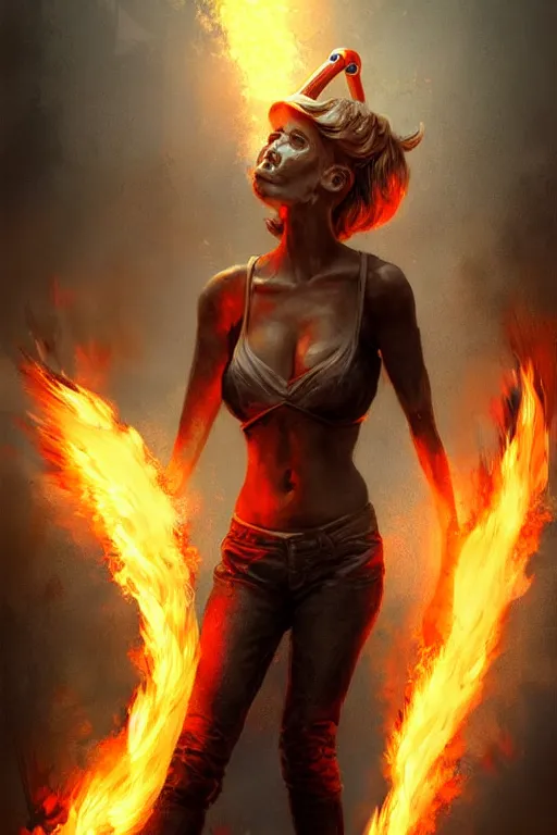 Image similar to character art by bastien lecouffe - deharme, alex jones from infowars, bullhorn on fire, on fire, fire powers, american flag