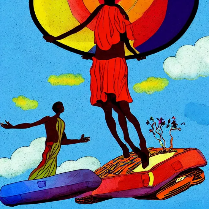 Prompt: UFO hovering over an African Jesus , clouds, colorful, in the style of Nigerian bus art,