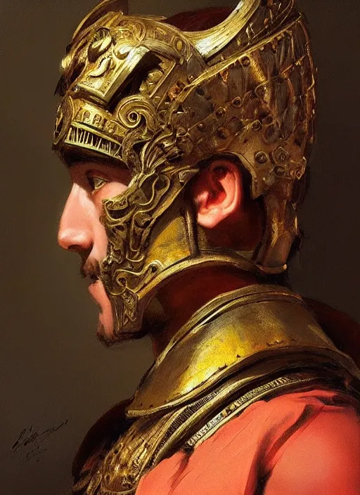 Image similar to portrait of an ancient roman character in incredible rich ornate armor, by ilya kuvshinov, by thomas lawrence, by bayard wu, trending on artstation, masterpiece