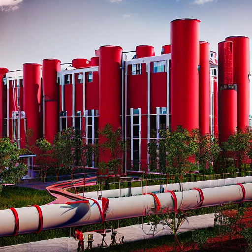 Image similar to “beautiful extreme high-tech factory building with trees sprouting from its high white and red chimneys with pipes shaped like a poset diagram, rendered in octane 3d high resolution, digital art, ultra realistic, ultra detailed, masterpiece”