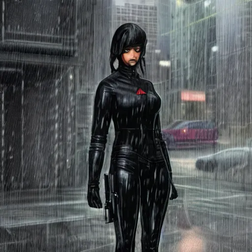 Prompt: female spy in black tights waiting on a cyberpunk street in heavy rain,artstation