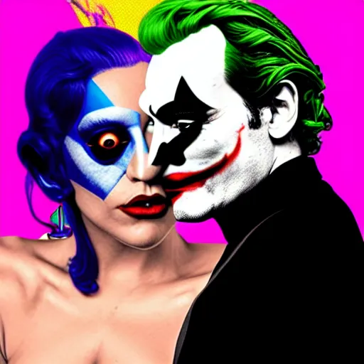 Image similar to richard hamilton and mimmo rottela as lady gaga harley queen and joaquin phoenix joker couple kissing, pop art, 2 color, left and right align, object details, dynamic composition, 4 k, ultra realistic art, smooth, sharp focus, illustration, concept art, intricate details, h 7 6 8