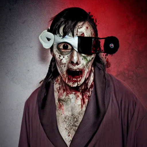 Image similar to a zombie wearing an eyepatch and a robe