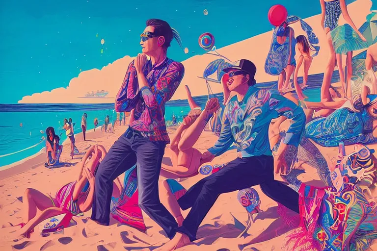 Prompt: party on the beach, tristan eaton, victo ngai, artgerm, rhads, ross draws