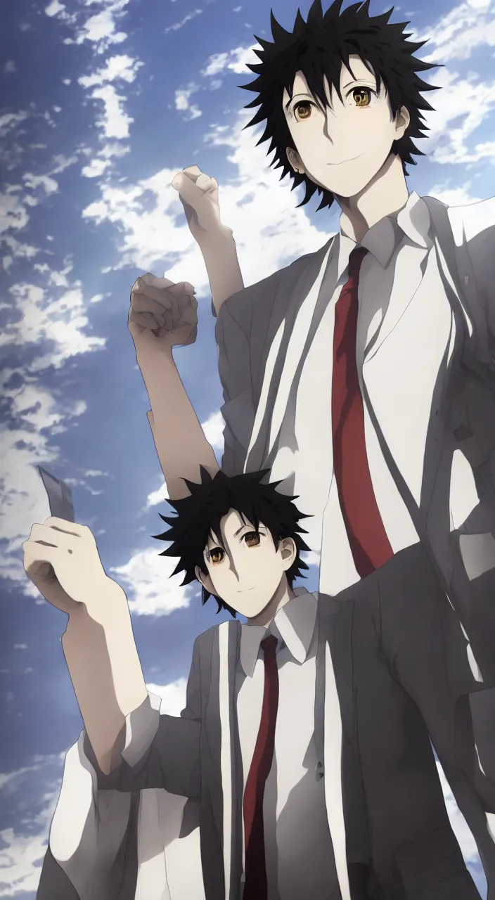 Image similar to okabe rintarou looking at viewer on rooftop, steins ; gate, digital anime art