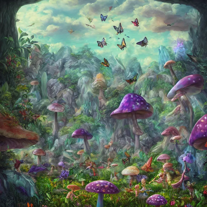 Prompt: a whimsical painting of fairies and butterflies with iridescent wings in a prehistoric garden world with dinosaurs. giant mushrooms. dark atmosphere. soft light. just before dawn. fantasy art. trending on artstation