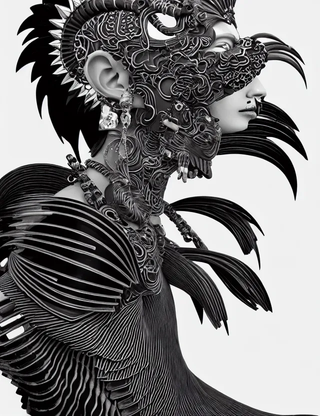 Image similar to 3 d goddess close - up profile portrait punk with mohawk with ram skull. beautiful intricately detailed japanese crow kitsune mask and clasical japanese kimono. betta fish, jellyfish phoenix, bio luminescent, plasma, ice, water, wind, creature, artwork by tooth wu and wlop and beeple and greg rutkowski