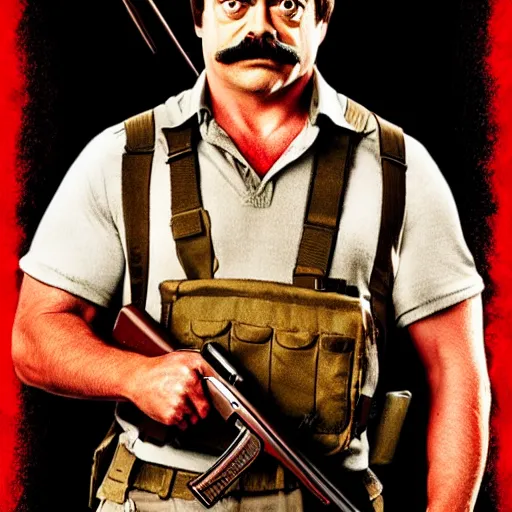 Image similar to High quality movie poster of Ron Swanson as Rambo, red sweatband