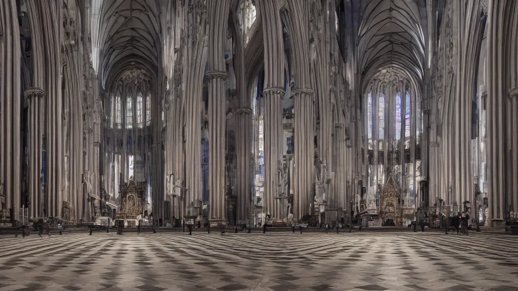 Image similar to TARDIS inside the Milan cathedral, hyper-realistic, octane render, matte