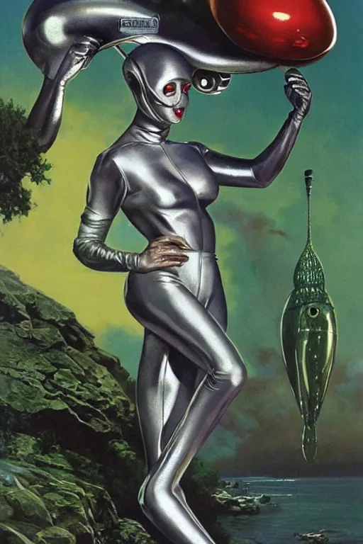 Image similar to beautiful alien extraterrestrial species female babe in a tight fitting silver metallic bikini spacesuit, , big silver head with eyestalk antennae, green skinned, big black almond shaped alien eyes by Mort Kunstler and Gil Elvgren
