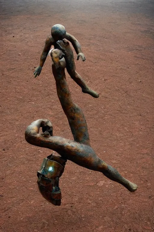 Image similar to a beautiful rust sculpture by christophe charbonnel of a cosmonaut falling into the abyss