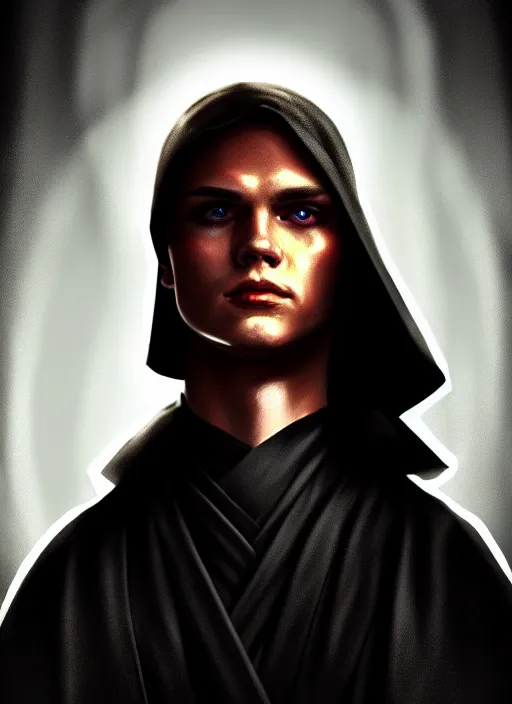 Image similar to a portrait of anakin skywalker with darkside corruption, cyberpunk, grim - lighting, high - contrast, intricate, elegant, highly detailed, digital painting, artstation, concept art, smooth, sharp focus, illustration