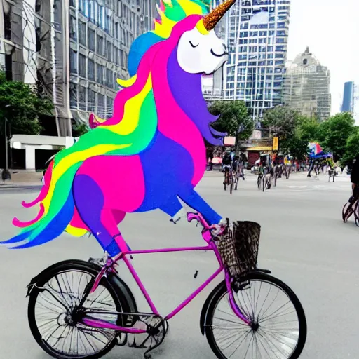 Image similar to unicorn riding on bikes in the city