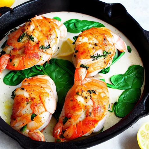 Prompt: a photograph of shrimp and spinach stuffed chicken with lemons