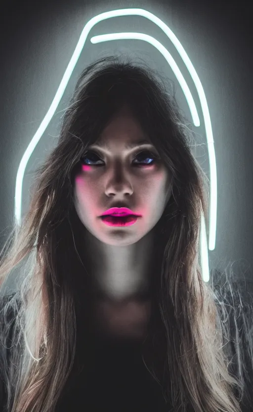 Image similar to A woman with glowing eyes, neon on black, dramatic, cinematic, Sony a7R IV, symmetric balance, polarizing filter, Photolab, Lightroom, 4K, Dolby Vision, Photography Award