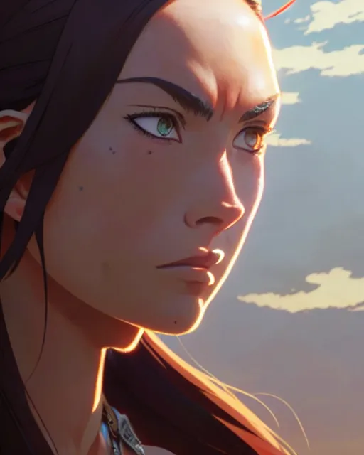 Image similar to azctec warrior, megan fox, high quality, detailed perfect face, exquisite details, fire magic, by studio muti, greg rutkowski makoto shinkai takashi takeuchi studio ghibli