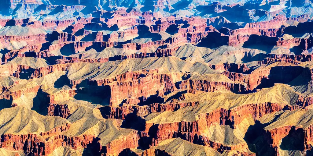 Image similar to drone shot photo of a landscape with mountains and grand canyons, wallpaper, very very wide shot, warm, national geographic, award landscape photography, professional landscape photography, sunny, day time, beautiful