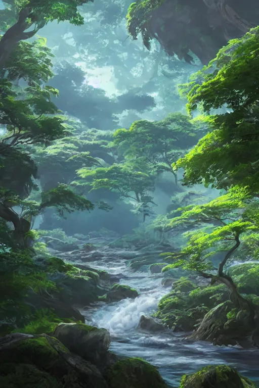 Prompt: beautiful river flowing through a giant ancient tree, serene evening atmosphere, soft lens, soft light, cel - shading, animation, in the style of cgsociety, deviantart, artstation, zbrush, cinema 4 d, studio ghibli, akihiko yoshida, atelier lulua, masamune shirow