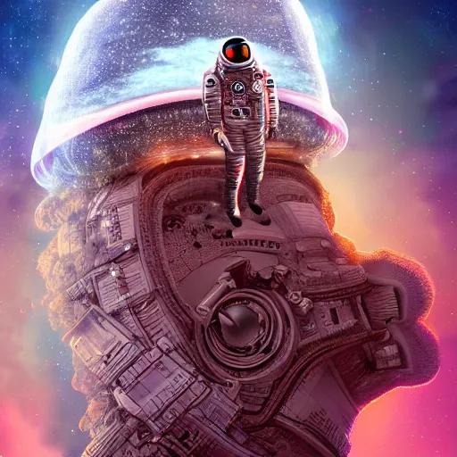 Prompt: an ornate cinematic portrait of an astronaut entering the micro atom realm of the microscopic multiverse with a tiny micro spaceship, cinematic lighting, under a microscope, trending on Artstation, highly detailed, insane details