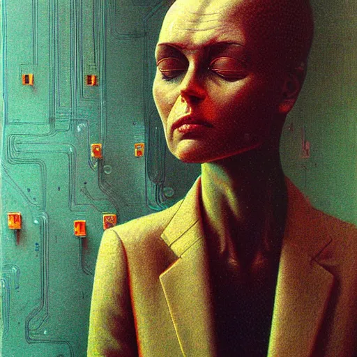 Prompt: a closeup of a businesswoman with a computer motherboard head, Beksinski, Dariusz Zawadzki