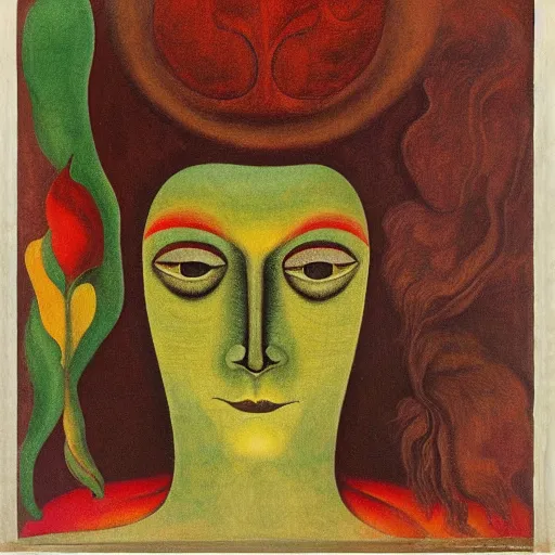 Image similar to floral face portrait by leonetto cappiello and wojciech siudmak and ernst fuchs, anni albers, oil on canvas