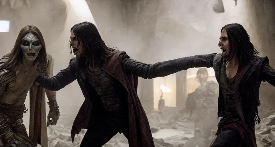 Image similar to tom cruise as the mummy fighting jared leto as morbius, film still