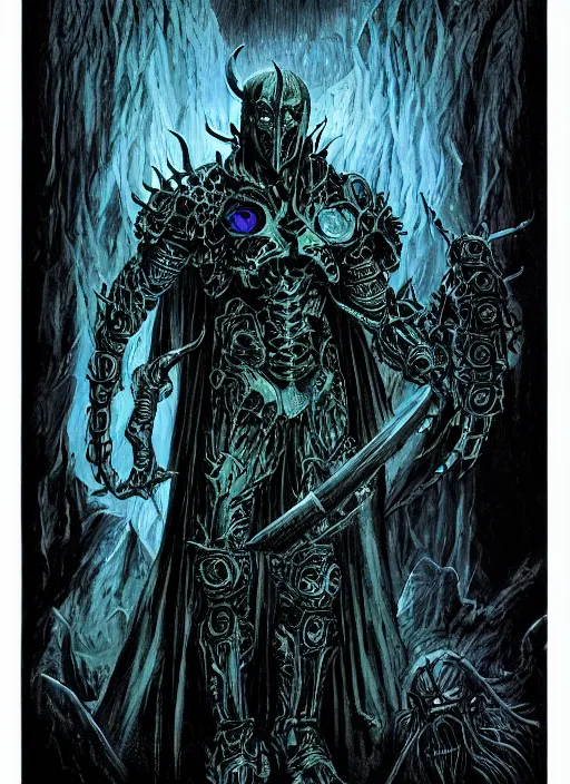 Image similar to demon knight in eldritch armor, blacklight poster on black paper, beautifully symmetrical, high detail render, by bernie wrightson greg rutowsk james jean