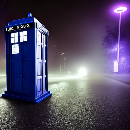 Image similar to a hyperdetailed photograph of the tardis sat on a futuristic street corner, night, dense fog, rain, hd, 8 k resolution