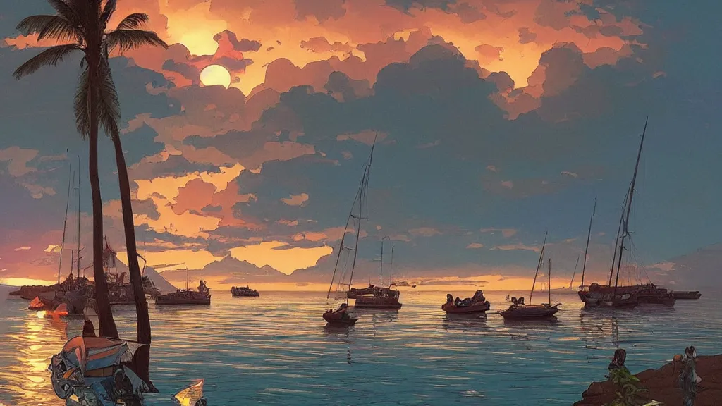 Prompt: sunset at Lahaina Maui, some boats, a few birds in the sky, sharp focus, illustration, paisible night lighting, incredible art by artgerm and greg rutkowski and alphonse mucha and simon stalenhag