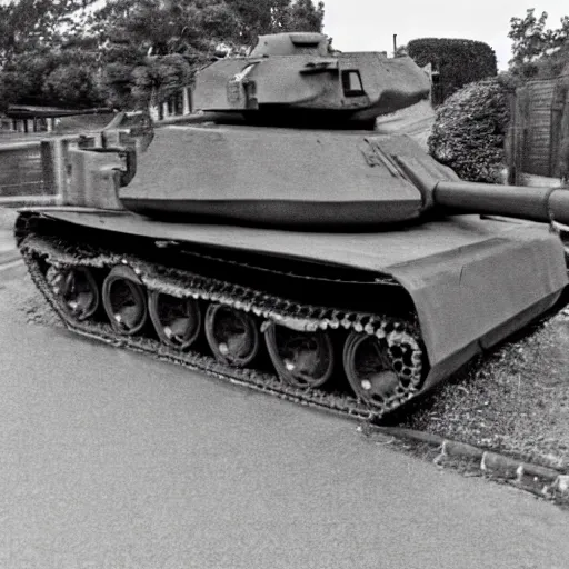 Image similar to cctv footage of a tank driving past a suburban neighbhoorhood, realistic, highly detailed, black and white, at night, taken on a security cctv camera, taken from the view of a house door.