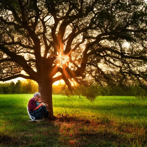 Image similar to 8k photograph. old man sitting under an oak tree he planted as a child. National Geographic. Sunset. Nature.