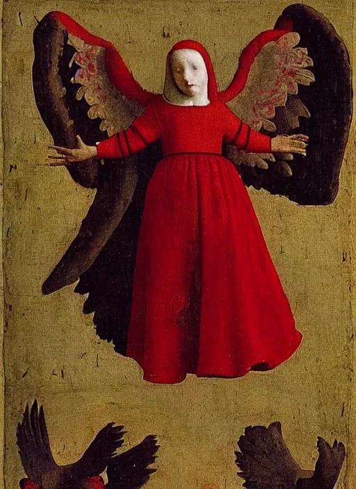 Image similar to Flying Fallen Angel with wings dressed in red, Medieval painting by Jan van Eyck, Johannes Vermeer, Florence