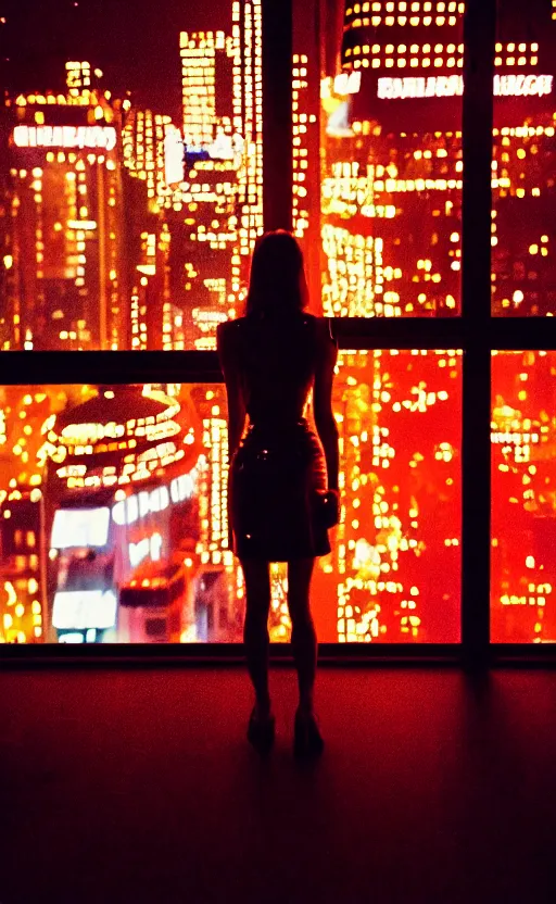 Image similar to vertical phot, girl in 7 0's retro club, editorial, fashion, neon - decorated urban on night in the city seen through the window, modern architecture design, vintage, night, blade runner, dark, clean lines, asian futuristic city at distance, big windows, octane, wide angle