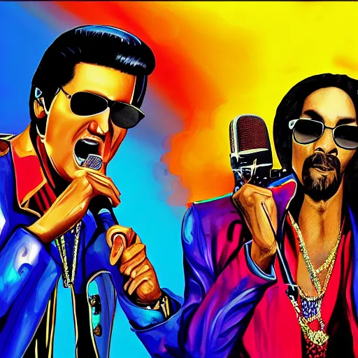 Prompt: elvis presley and snoop dog singing a duet one microphone, detailed, beautiful, colorful, black velvet painting, digital art