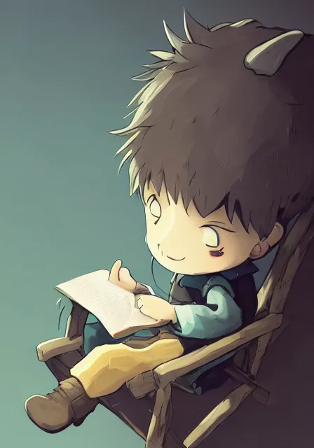 Prompt: beautiful little boy wearing sheep suit reading a book while sitting on chair, gray, blue, green and brown pallet color. made in abyss art style, inspired in kris from deltarrune, cute detailed artwork, anatomically correct, soft details, ilya kuvshinov, reflection, perfect composition, mobile wallpaper, illumination