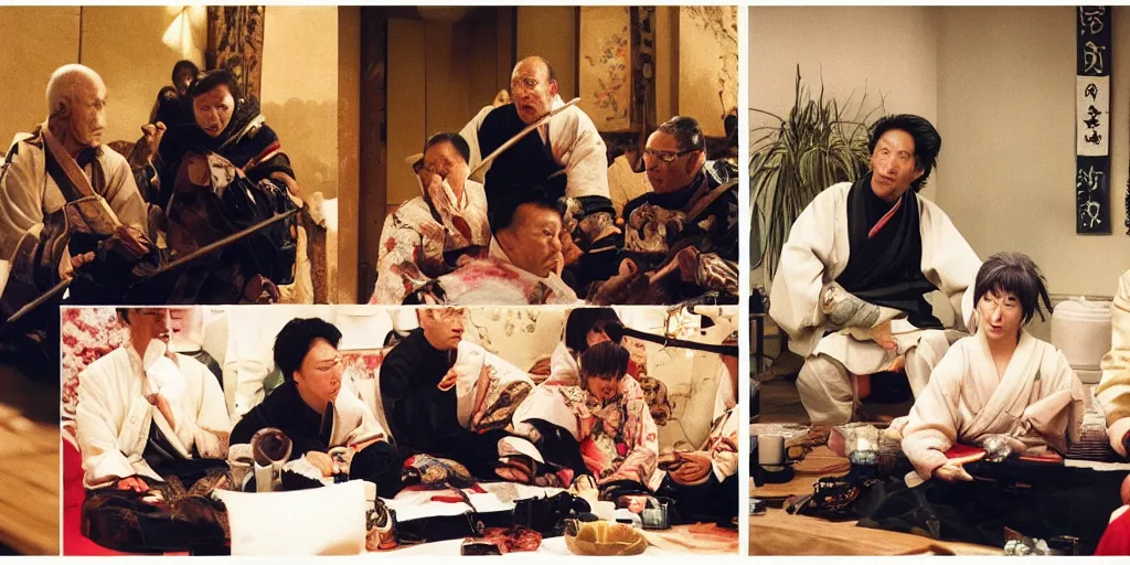 Prompt: Kodak portra 160, 4K, split screen, portrait: famous french politician in low budget kagemusha movie remake, tea ceremony scene