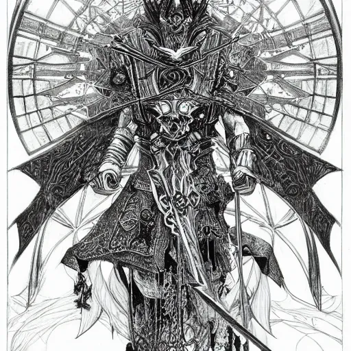 Image similar to highly detailed perspective magic sword drawing black and white goetic pen and ink concept design by hiroya oku!! mucha sword concept art design still life