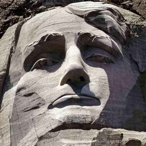 Image similar to donald trump's face carved into the rock on mount rushmore. the photo clearly depicts donald trump's facial features next to other former presidents, at a slightly elevated level, depicting his particular hair style carved into the stone at the mountain top, centered, balances, regal, pensive, powerful, just