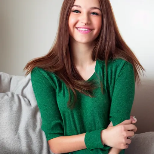 Image similar to Render of a cute 3d young woman smiling, long shiny bronze brown hair, full round face, emerald green eyes, medium skin tone, light cute freckles, smiling softly, wearing casual clothing, relaxing on a modern couch, interior lighting, cozy living room background, medium shot, mid-shot, soft focus, trending on Artstation, Unreal Engine 5 , 4k, professional photography, Portra 400