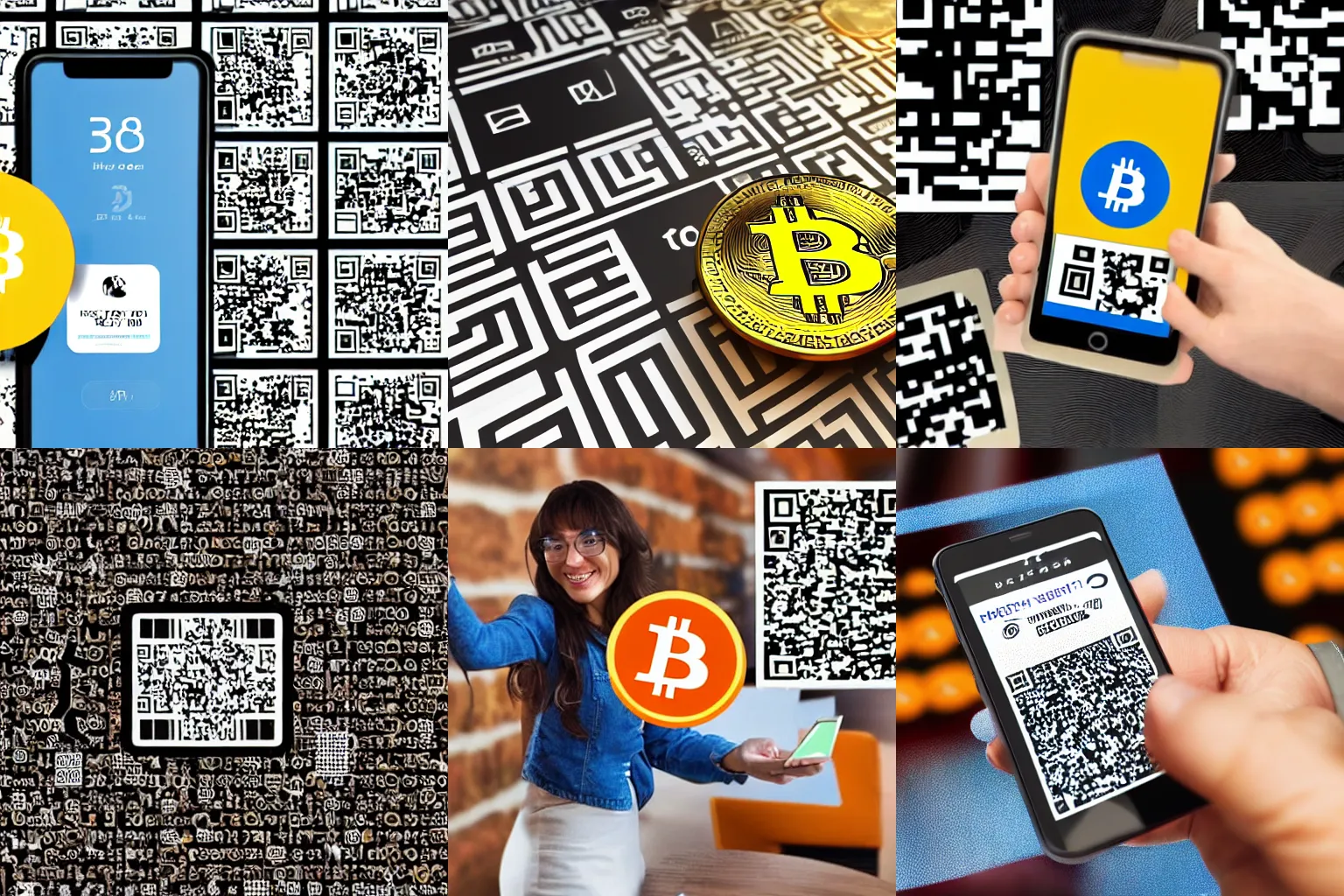 Prompt: a happy merchant accepting Bitcoin with a QR code, digital art, highly-detailed